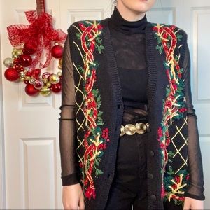 VTG Holiday Christmas Garland Black Red Green Gold Sweater Vest Women's Sz 18/20